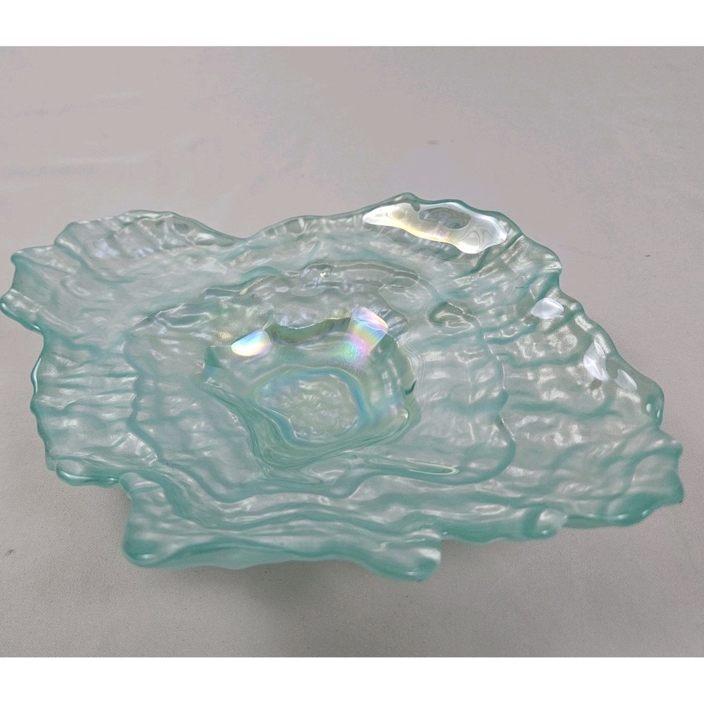Vtg Akcam Oyster Shell Dish Blue Iridescent Opalescent Art Glass Coastal Turkey